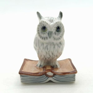 Hand-Painted Ceramic White Owl on Book Figurine – A Collectible for Owl Aficionados, Gift for book or bird lovers, Home decoration