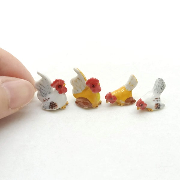 Set of Tiny 2 Hen Cock Rooster Ceramic Figurine Animal Dollhouse Miniature Statue