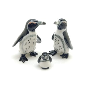 Set of 3 Penguins African Penguin Bird Family Ceramic Figurine Animal Statue