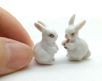 Set of 2 Tiny White Rabbit Figurine Ceramic Animal Dollhouse Miniature Statue