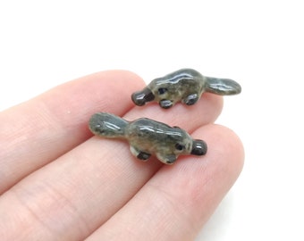 Set of 2 Tiny Platypus Duckbill Watermole Ceramic Figurine Animal Dollhouse Miniature Statue