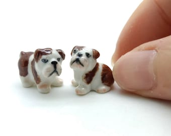2 Tiny Ceramic Bulldog Dogs Miniature Figurine Animal Hand Painted for Dollhouse Collectible Pet Gift