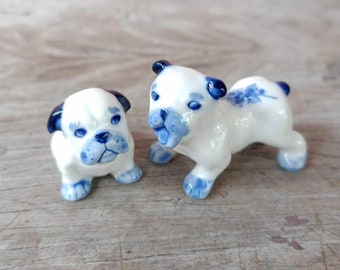 Set of 2 Bulldog Dog Ceramic Figurine Animal Miniature Statue Blue Flower