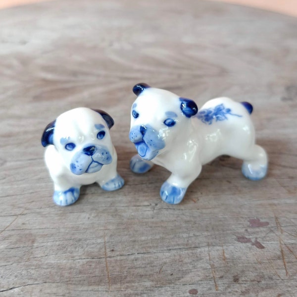 Set of 2 Bulldog Dog Ceramic Figurine Animal Miniature Statue Blue Flower