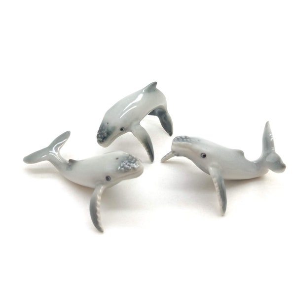 Set of 3 Humpback Whale Siblings Ceramic Figurine Animal Miniature Statue