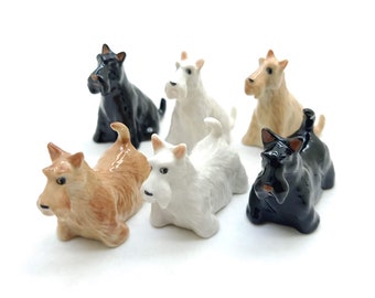 2 Scottish Terrier Dogs Ceramic Figurines Set, Customizable in 3 Colors - Black, White, Light Brown, Adorable Canine Home Decor, Dog Lovers