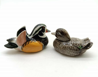 Set of 2 Mandarin Duck Bird Figurine Ceramic Animal Statue