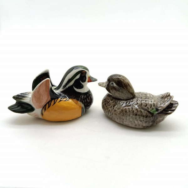 Set of 2 Mandarin Duck Bird Figurine Ceramic Animal Statue