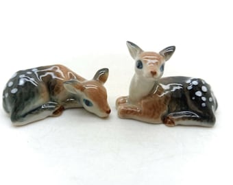 Charming Set of 2 Bambi Deer Ceramic Figurines, Handcrafted Woodland Creatures, Miniature Home Decor & Collectible Gift, Wildlife Theme