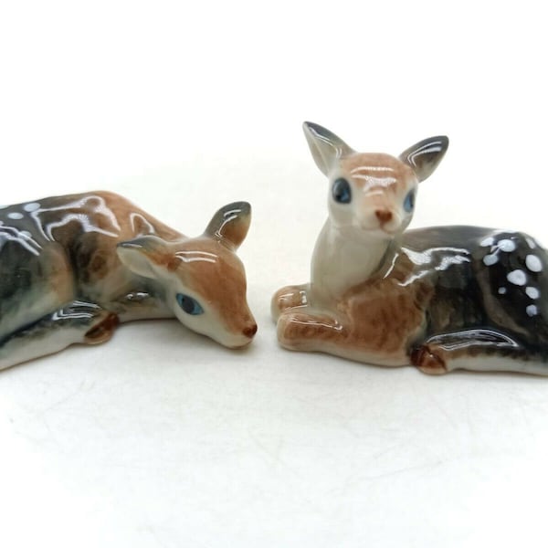 Charming Set of 2 Bambi Deer Ceramic Figurines, Handcrafted Woodland Creatures, Miniature Home Decor & Collectible Gift, Wildlife Theme