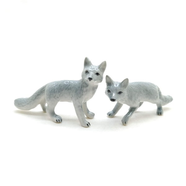 Set of 2 Fox Ceramic Animal Figurine Miniature Statue