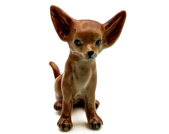 Handcrafted Miniature Ceramic Brown Chihuahua Pup Figurine - Perfect Collectible for Dog Lovers, Miniature Animal Figurine Collectors