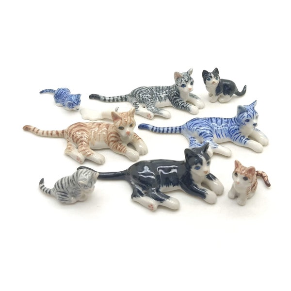 Figurine en céramique de 5 chats tigrés, famille d'animaux avec bouteille de lait