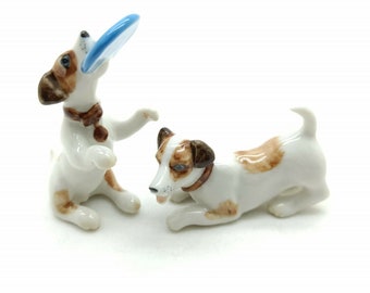 Set of 2 Jack Russell Terrier Dog Ceramic Figurine Animal Miniature Statue