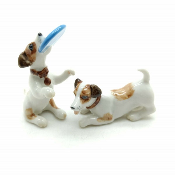 Satz von 2 Jack Russel Terrier Hund Keramik Figur Tier Miniatur Statue