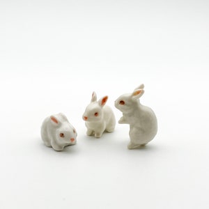 Set of 3 Tiny White Rabbit Figurine Ceramic Animal Dollhouse Miniature Statue