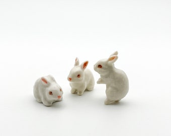 Set of 3 Tiny White Rabbit Figurine Ceramic Animal Dollhouse Miniature Statue