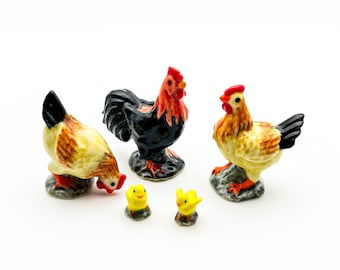 Charming Countryside Ceramic Chicken Family Figurines - Hand-Painted Barnyard Collectibles, Gift for Farm Animal Figurines Collectors