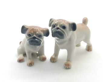 Set of 2 Pug Dog Ceramic Figurine Animal Statue