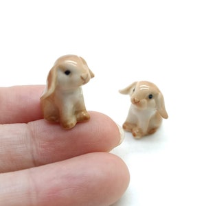 Set of 2 Tiny Rabbit Bunny Ceramic Figurines Miniature Animal Statue, available in 3 colors - Brown, Grey, White | Home Decoration