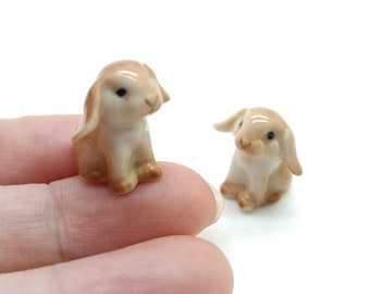 Set of 2 Tiny Rabbit Bunny Ceramic Figurines Miniature Animal Statue, available in 3 colors - Brown, Grey, White | Home Decoration