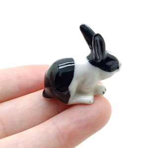 Rabbit Figurine Ceramic Miniature Animal Black and White Statue