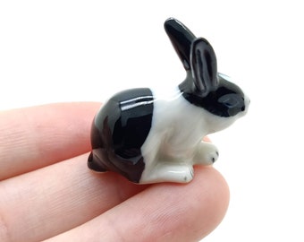 Rabbit Figurine Ceramic Miniature Animal Black and White Statue