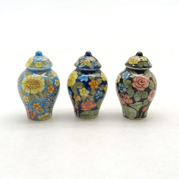 Ceramic Miniature Jar with Hand-Painted Floral Pattern, Dollhouse Decoration, Gift for Lovers of fine Art, Miniature Lovers