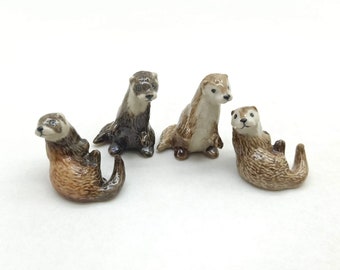 Set of 2 Otter Ceramic Figurine Animal Statue, Gift for Wild Animal Figurine Collectors