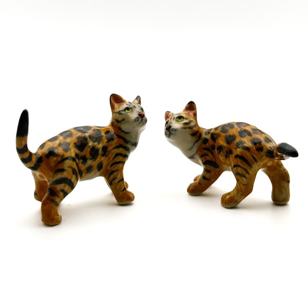 Set of 2 Bengal Cats Kitten Ceramic Animal Figurine Miniature Statue