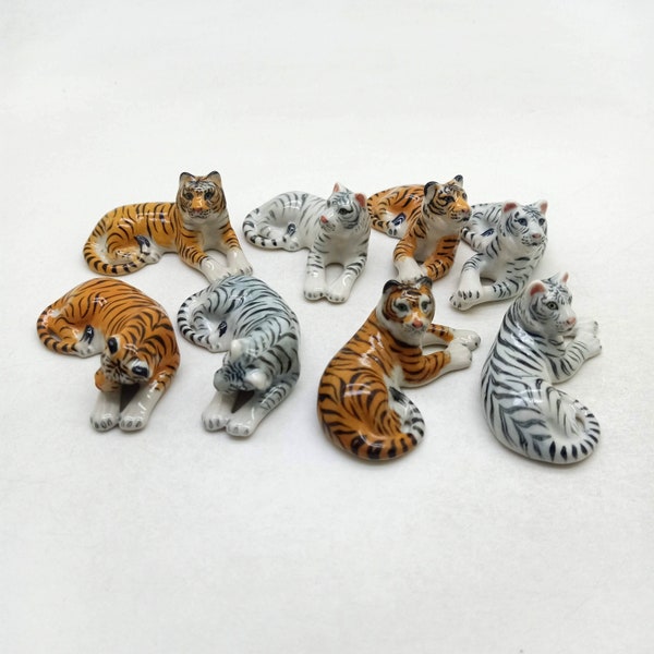 Group of 4 Sitting Tigers Figurines, Ceramic Wildlife Decor, 2 Color Options - Yellow and White, Unique Handcrafted Collectible Gift