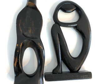 Vintage Abstract Wooden Male Female Sculptures