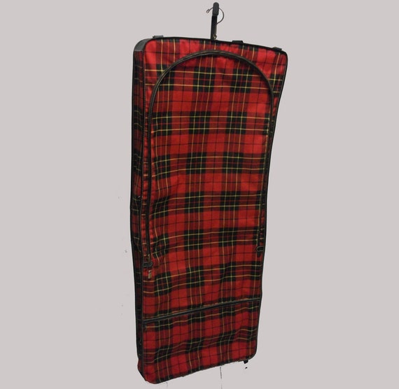 50s Vintage Red Tartan Plaid Luggage Garment  Bag - image 3