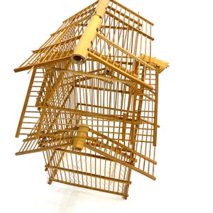 Antique Bamboo Hanging Bird Cage With Japanese Feathered Bird