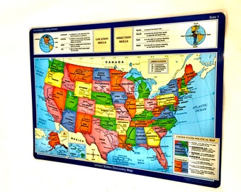 Vintage Laminated US United States & World  Educational Map