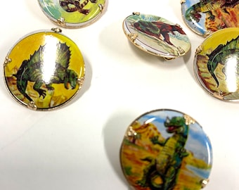 6 Vintage Tin Lithograph Prehistoric Dinosaur  Pins