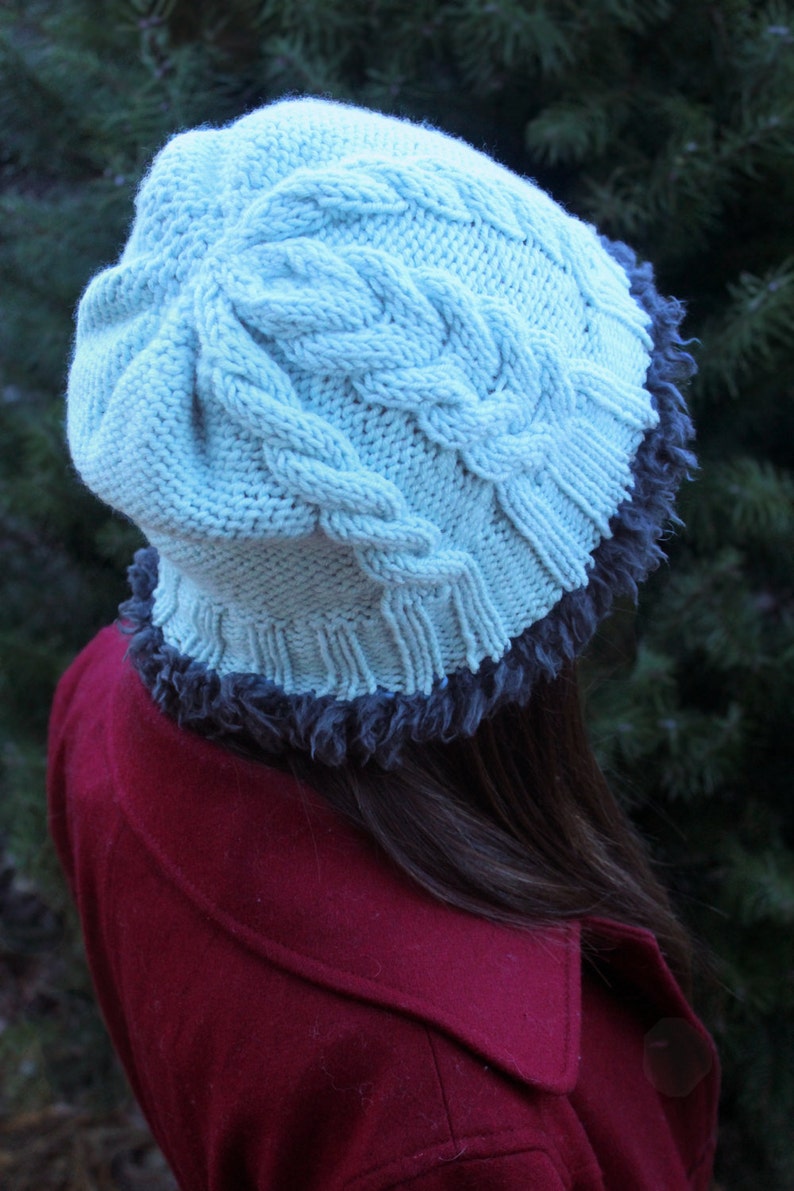 Crimped Cables Hat PDF Knitting Pattern a faux fur lined cabled beanie / stocking cap image 2