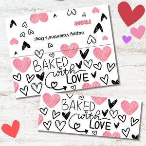 Valentine&#39;s &#39;Baked with Love&#39; Treat Bag Topper Printable, Treat Bag Toppers, Valentine Goodie Bags, Cookie Bag Topper, Instant Download