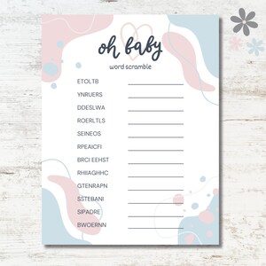 Oh Baby Word Scramble Printable, Pink and Blue Baby Shower Printable Game, Baby Shower Word Scramble, Baby Shower Activity, Instant Download