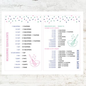 Puede incluir: Un gráfico imprimible con confeti de colores y una ilustración de un batidor. El gráfico enumera los equivalentes de medida para tazas, cucharadas, cucharaditas, onzas, pintas, cuartos, galones y libras. También incluye una sección de reducción de recetas con instrucciones sobre cómo reducir una receta para hacer la mitad o un tercio de la cantidad original.