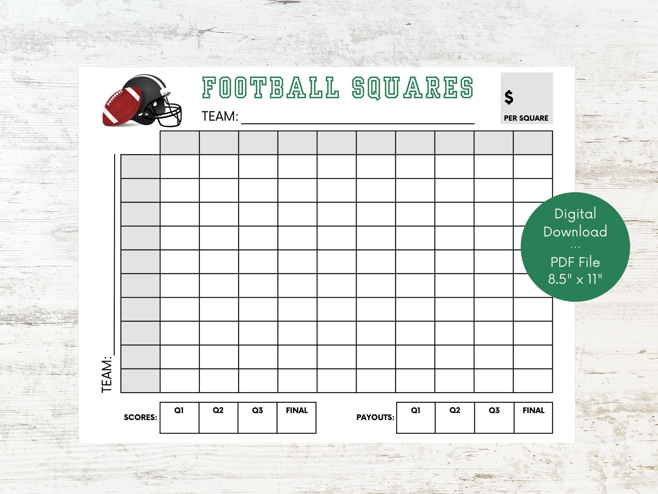 Football Squares Printable, 100 Square Football Grid, Football Party ...