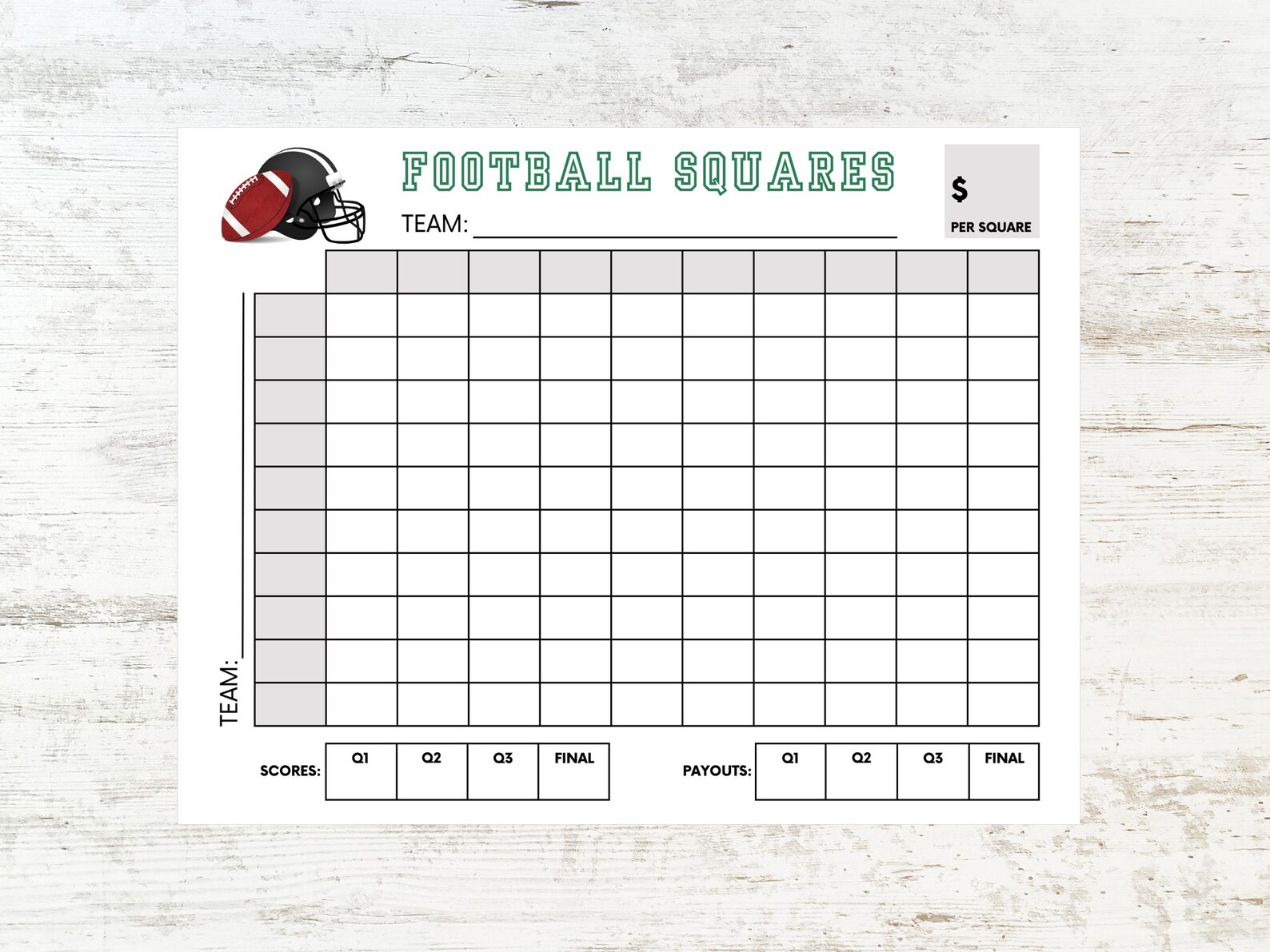 Football Squares Printable, 100 Square Football Grid, Football Party ...