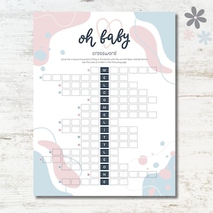 Oh Baby Crossword Printable, Pink and Blue Baby Shower Printable Games, Baby Shower Crossword Puzzle, Baby Shower Activity, Instant Download