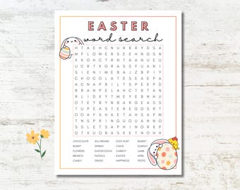 May include: A printable Easter word search puzzle with a colorful bunny and egg illustration. The puzzle features words related to Easter, such as bunny, spring, flowers, Easter eggs, carrot, and more.