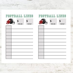 May include: Printable football lines tracker with two columns. Each column has a football helmet graphic, a space for the bet amount, a space for the per line amount, and a space for the payout amount. The title of the tracker is "Football Lines".