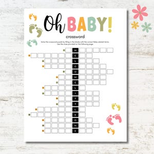 Baby Shower Crossword Printable, Baby Shower Games, Footprints Baby Shower Activity, Oh Baby Colorful Crossword, Instant Download