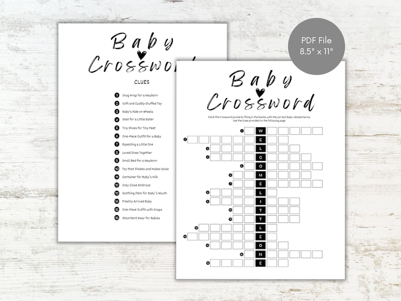 Crucigrama imprimible para baby shower, juego para baby shower de