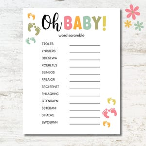 Baby-Dusche Wort Buchstaben, Baby-Dusche-Spiele, Fußabdrücke Baby-Dusche-Aktivität, Oh Baby bunte Buchstaben, sofortiger Download