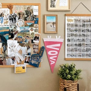 May include: A wall display featuring a corkboard with photos, a pink pennant with "VOVA" in white, a blue foam finger, framed pictures, and a map of the United States. A small potted plant in a woven basket is also visible.