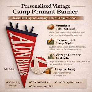 May include: A red felt pennant banner with the text "ADON BAZAAR" in white. The banner is designed for camping, cabin, and family decor. It features a vintage outdoor aesthetic and is easy to hang.